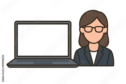 Professional woman standing next to a laptop with a blank screen for copy space