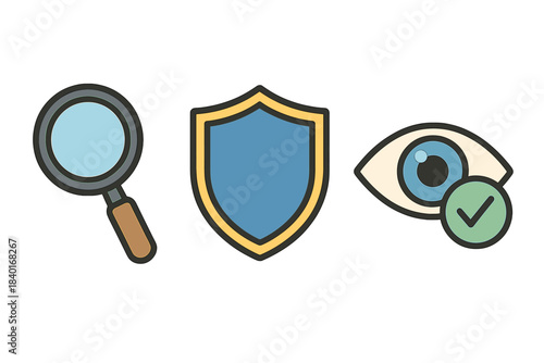 Security and privacy concept icons set with magnifying glass shield and verified eye symbols