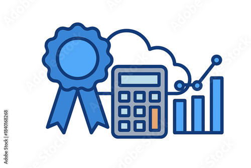 Financial calculation and data analysis with quality award symbol representing business success and certified results