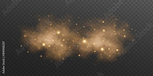 Magical golden particles with fog effect on transparent dark background. Atmosphere element for overlaying on images, fantasy scenes or weather visual effect. Vector illustration.