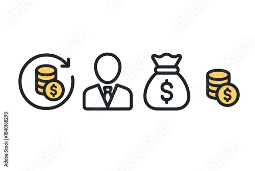 Outline icons for business and finance covering currency, investment, and professional roles