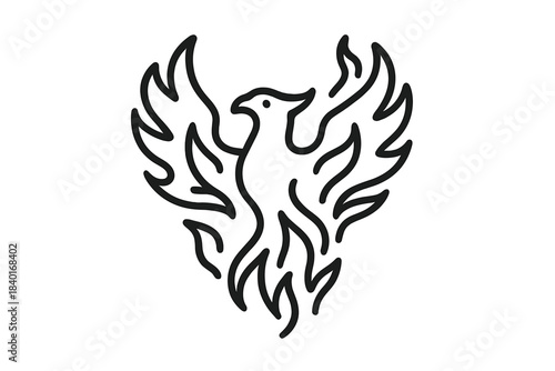 Minimalist black outline of a mythical Phoenix bird rising from fire flames symbol