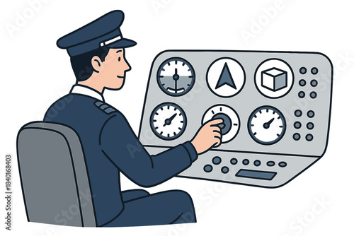 Professional pilot operating complex control panel with gauges and indicators