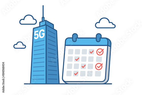 High-speed mobile network tower and calendar with checkmarks indicating successful deployment schedule