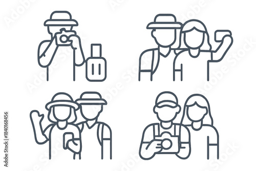 Minimalist line art symbols of traveling couples taking pictures and enjoying a romantic vacation trip
