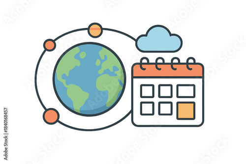 Global scheduling and time management concept with Earth, orbiting elements, cloud, and calendar icon
