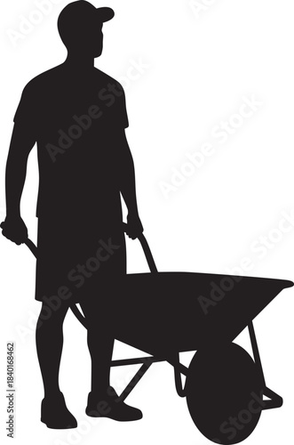 Man Pushing Wheelbarrow Silhouette: Gardener, Construction Worker, Farmer, Laborer Vector