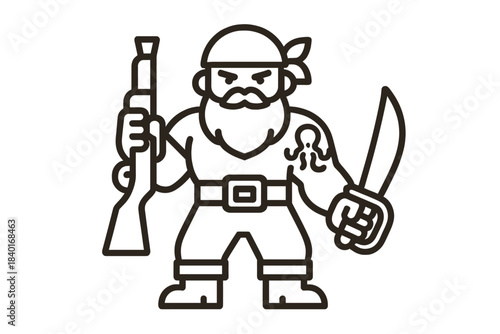 Bearded pirate character holding a musket and a cutlass with an octopus tattoo on his arm