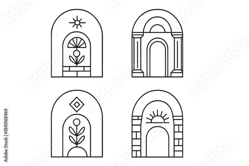 Minimalist set of four arched window designs featuring geometric and botanical elements