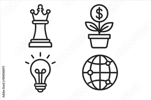 Four business concept icons: strategy, financial growth, innovation, and global connection