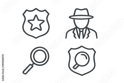 Outline icons set for police, detective, investigation, and law enforcement concepts