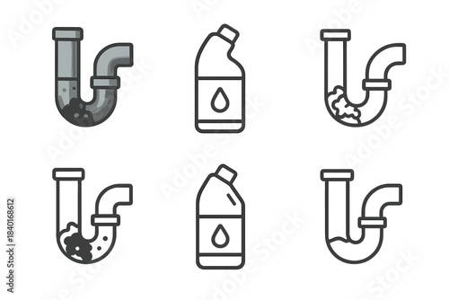 Clogged sink drain pipe blockage stages and chemical cleaner bottle set