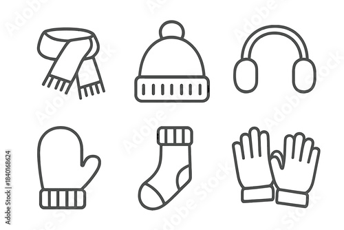 Outline icons of essential winter clothing and accessories for cold weather protection