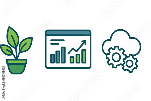 Business concepts covering growth, sustainability, data analysis, and cloud technology