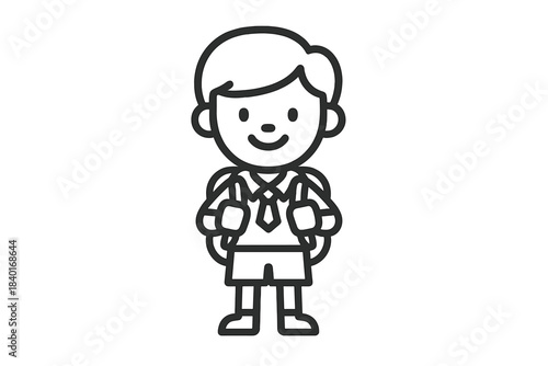 Cheerful young schoolboy student carrying a backpack in black and white line art