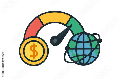 Global financial performance gauge indicating high speed and positive results