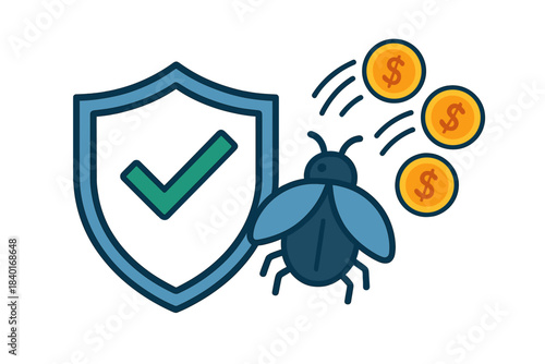 Digital security shield protecting money from malicious software bug and virus attack