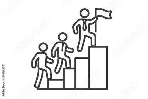 Team members ascending a staircase of success with a leader planting a flag