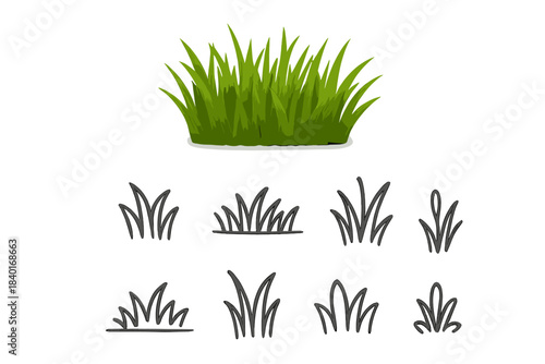 Detailed realistic green grass bush and simple black outline nature icons