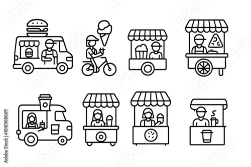 Collection of outline icons representing street food vendor carts, mobile trucks, and fast food service symbols