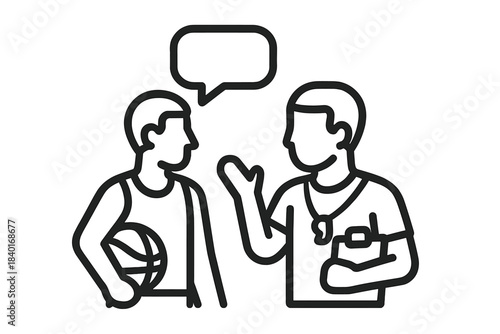 Basketball player receives coaching instructions from team coach during game timeout