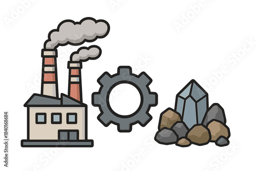 Manufacturing, mechanics, and mining symbols showing a plant, cogwheel, and crystal rocks