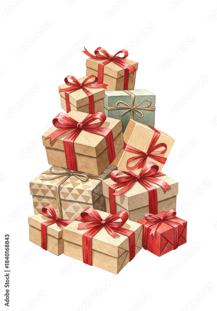Obraz premium a large, unstable stack of meticulously wrapped holiday gifts, featuring craft paper and metallic textures with intricate red silk bows, isolated on a transparent background. concept of generous