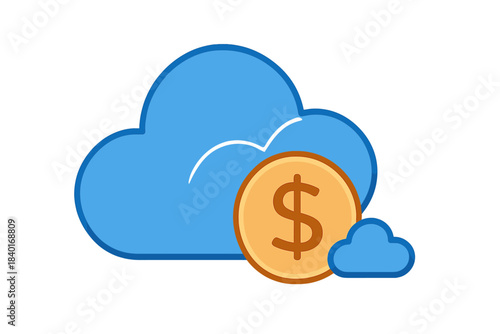 Gold dollar coin and blue cloud symbols representing financial transaction and data storage cost