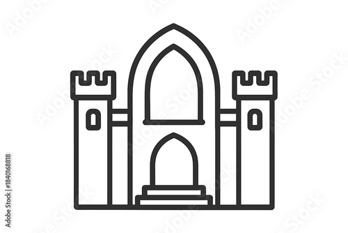 Fortified medieval building outline with central archway and battlements