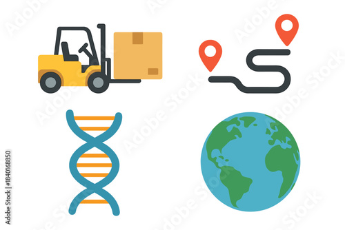 Flat design concepts for logistics, science, and global navigation featuring forklift, DNA, and route map