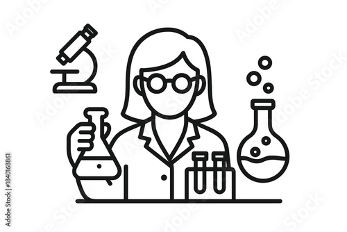 Woman scientist conducting chemistry experiment holding flask in laboratory
