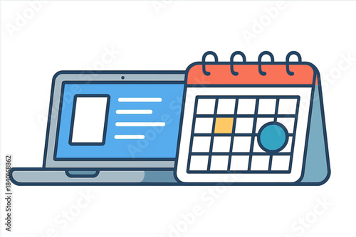 Online appointment scheduling and time management concept with a laptop and desk calendar