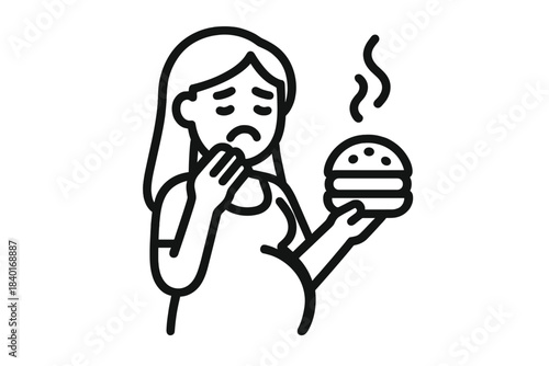 Woman showing nausea and disgust holding a steaming hamburger due to food aversion