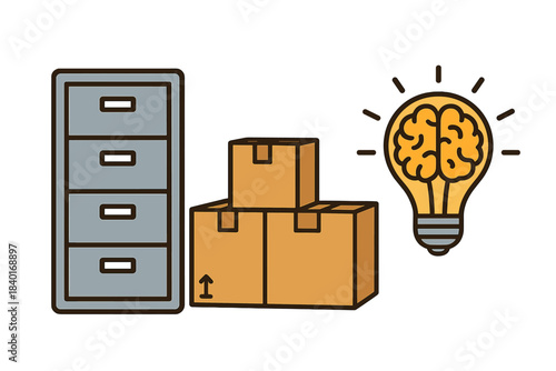 Business organization concept with storage cabinet, cardboard boxes, and creative idea symbol