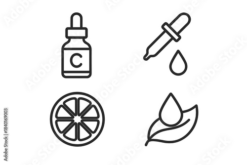 Vitamin C serum bottle, dropper, citrus slice, and natural leaf line icons for skincare