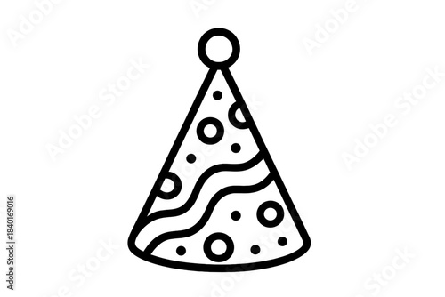 Festive party hat outline icon decorated with wavy lines and polka dots pattern