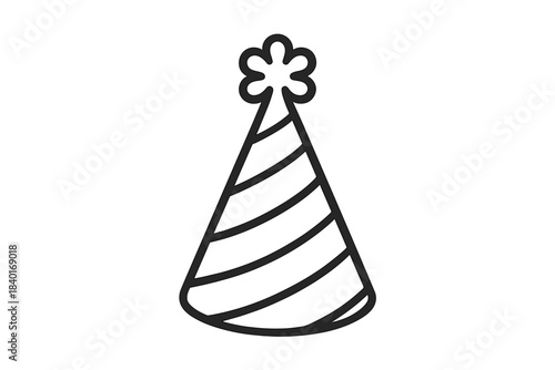 Striped conical party hat with a decorative top element in simple black line art style