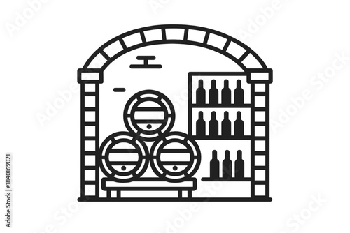 Traditional wine cellar interior featuring stacked wooden barrels and bottles stored on shelves