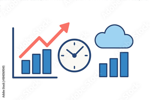 Business growth chart with upward arrow, time management clock, and cloud data storage icons