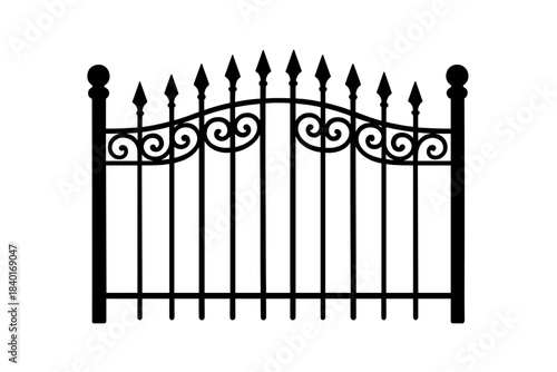 Elegant black silhouette of a decorative wrought iron fence section with ornate scrolls and sharp finials