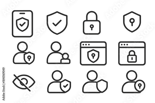 Digital security and privacy line icons for data protection and access control