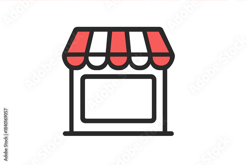 Small retail shop building facade with a striped awning and blank window display outline