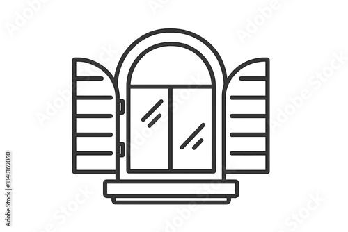 Arched window with open shutters and a window sill architectural detail