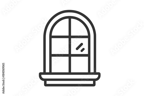 Minimalist black design of a classic arched window frame with multiple glass panes and a window sill
