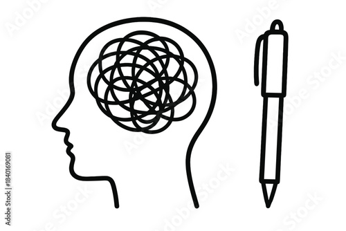 Tangled lines inside a head silhouette symbolizing mental block, confusion, and stress