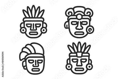 Stylized ancient indigenous tribal masks with decorative headdresses and facial features