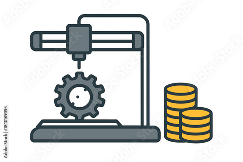 Automated machine producing mechanical gear and stacks of golden coins