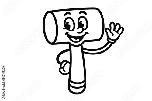 Friendly cartoon mallet character waving hello with a big smile and cheerful expression