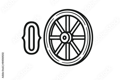 Stylized zero character inside decorative brackets next to an antique spoked wooden wheel