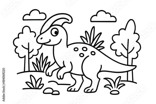 Adorable cartoon dinosaur character standing in prehistoric jungle landscape black and white line art